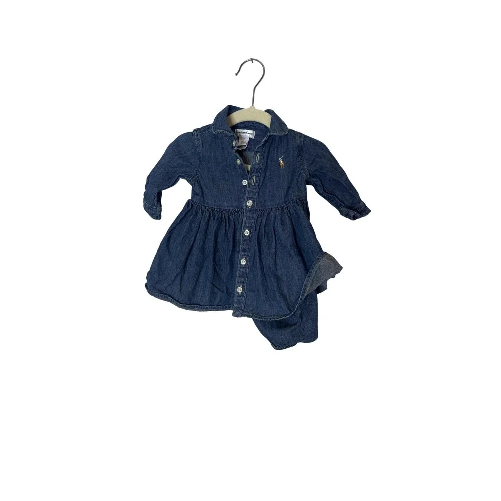 Ralph Lauren Denim Shirt Dress Set Baby Girls 0-3 Months Blue Long Sleeve